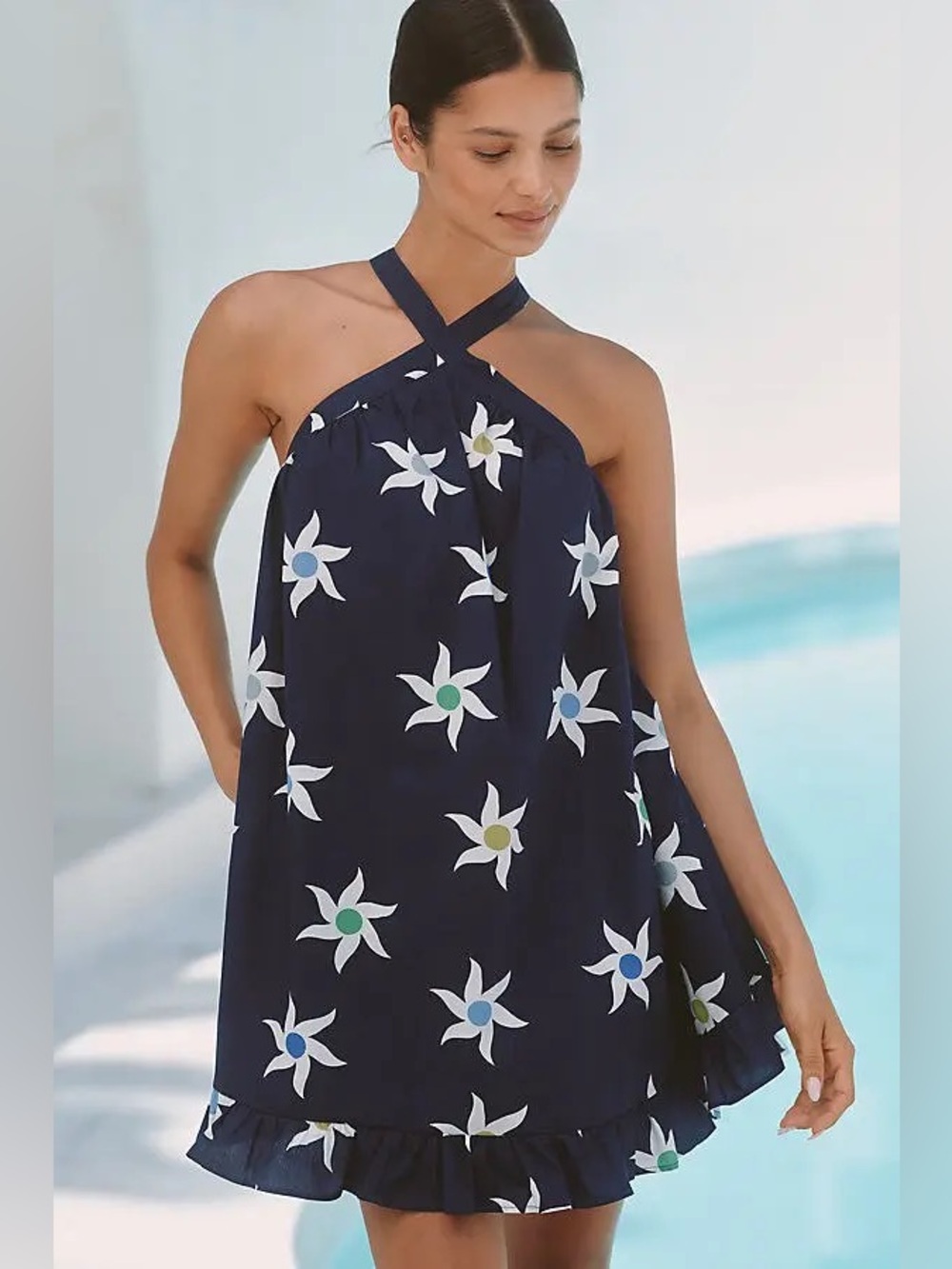 CELANDINE Anthropologie Halter Ruffle-Hem Babydoll Mini Dress